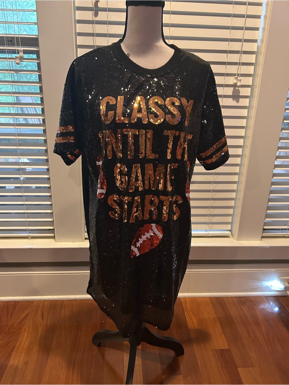 Simply Southern Black Sequin Game Day Tee Dress with Gold Accents L/XL